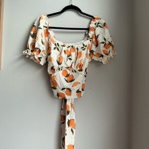 Cider Orange Print Puff Sleeve Crop Top Tie Back Cottagecore Summer Blouse 1XL